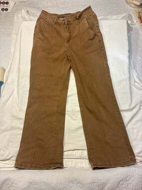 Risen Jeans Mocha Hi Waist Seamed Front Wide Leg Denim Pants Size 14 SEE PICS ME